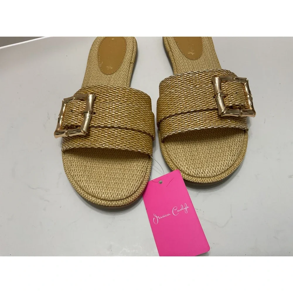 Jessica Carlyle Avero Tan Woven Raffia Buckle Slide Sandals Womens 10 New Sh4